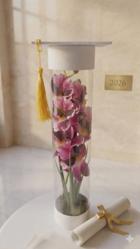 Diploma Álom – Prémium Lila Orchidea Box Hófehér Ballagási Kalappal