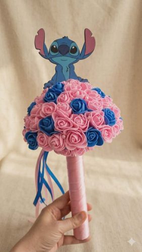 Kék-Rózsaszín Stitch Habrózsa Csokor Fa Beszúróval
