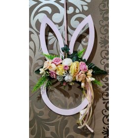 Nyuszi formájú ajtódísz,pasztel színű virágokkal