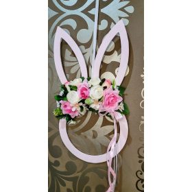   Nyuszi formájú ajtódísz,rózsaszín és fehér virágokkal